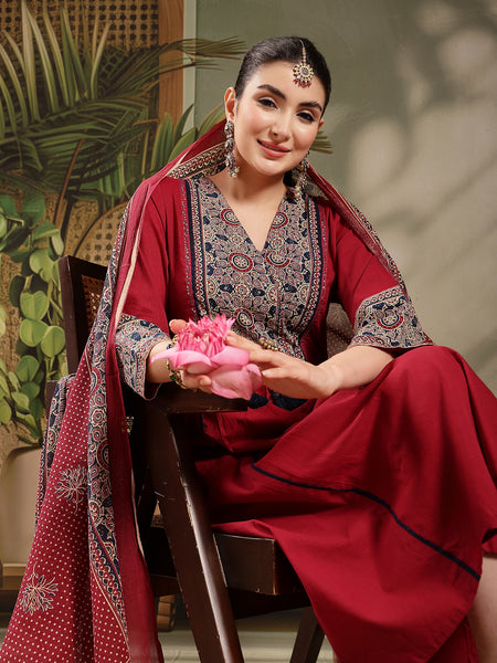 Stylum Women's Maroon Ajrakh Printed Cotton A-Line Kurta Pant Dupatta Set (KPDMAROONHEERA)