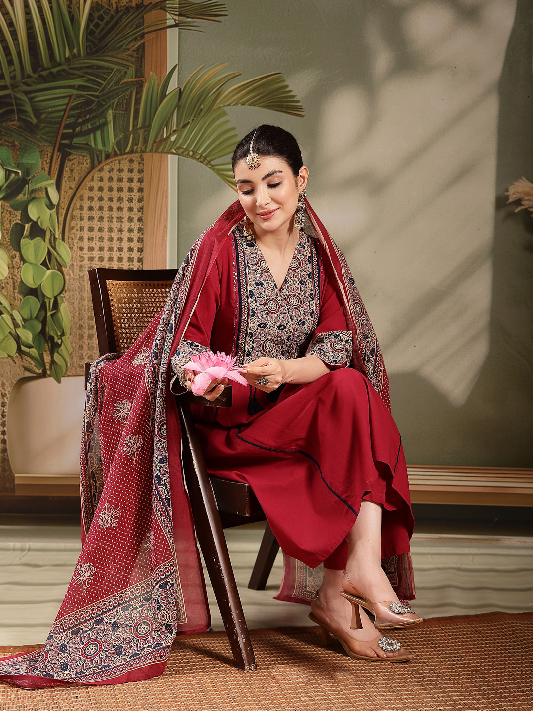 Stylum Women's Maroon Ajrakh Printed Cotton A-Line Kurta Pant Dupatta Set (KPDMAROONHEERA)