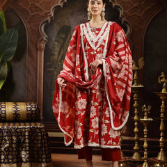 Stylum Women's Maroon Floral Printed Cotton Flared Kurta Pant Dupatta Set (KPDMAROONMALHAR)