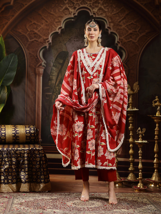 Stylum Women's Maroon Floral Printed Cotton Flared Kurta Pant Dupatta Set (KPDMAROONMALHAR)