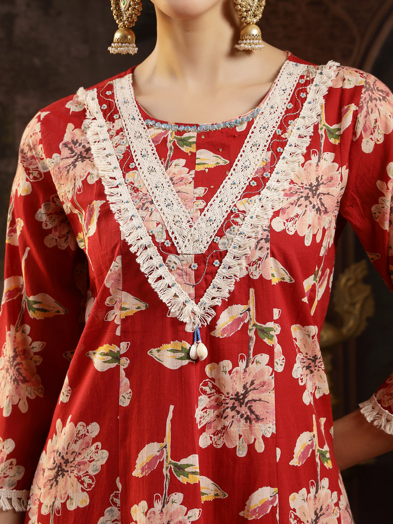 Stylum Women's Maroon Floral Printed Cotton Flared Kurta Pant Dupatta Set (KPDMAROONMALHAR)