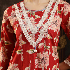 Stylum Women's Maroon Floral Printed Cotton Flared Kurta Pant Dupatta Set (KPDMAROONMALHAR)