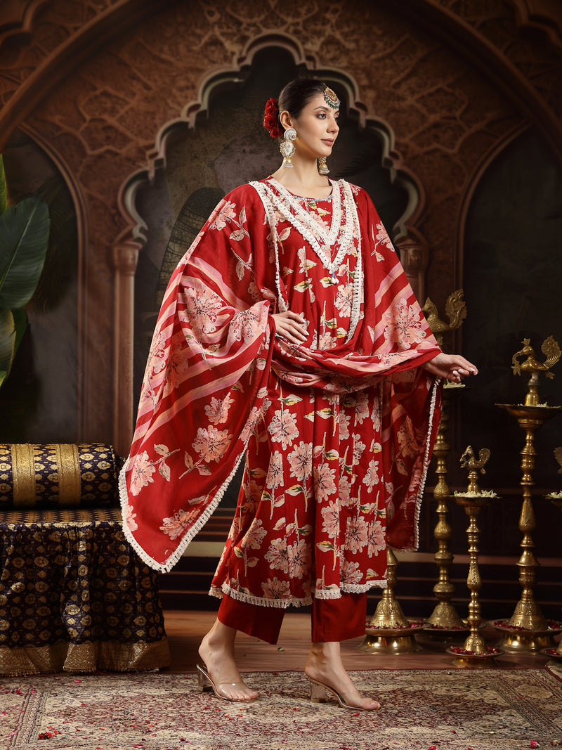 Stylum Women's Maroon Floral Printed Cotton Flared Kurta Pant Dupatta Set (KPDMAROONMALHAR)