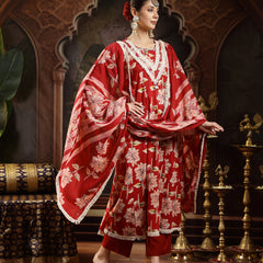 Stylum Women's Maroon Floral Printed Cotton Flared Kurta Pant Dupatta Set (KPDMAROONMALHAR)