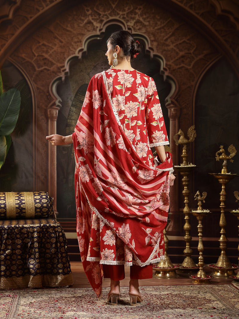 Stylum Women's Maroon Floral Printed Cotton Flared Kurta Pant Dupatta Set (KPDMAROONMALHAR)