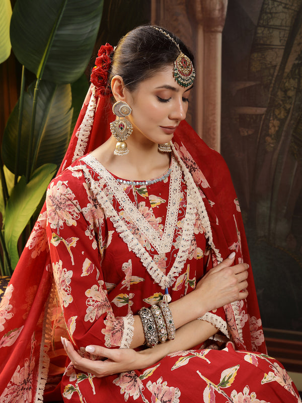 Stylum Women's Maroon Floral Printed Cotton Flared Kurta Pant Dupatta Set (KPDMAROONMALHAR)