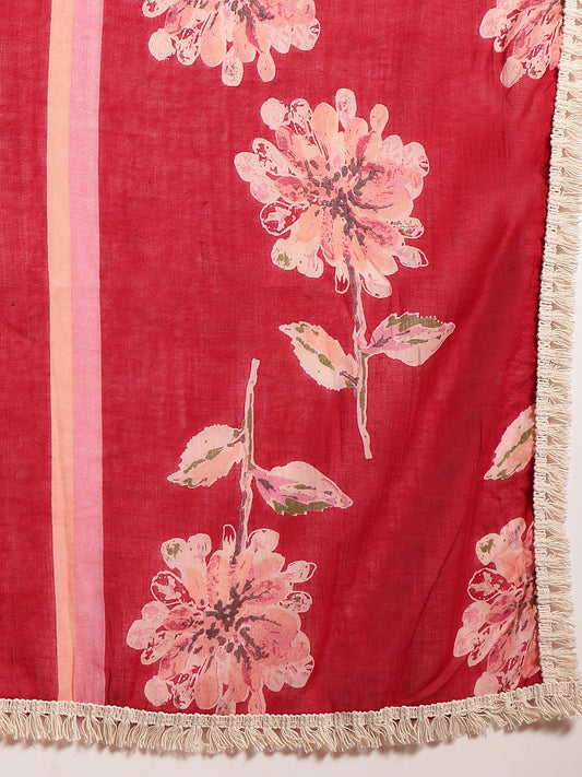 Stylum Women's Maroon Floral Printed Cotton Flared Kurta Pant Dupatta Set (KPDMAROONMALHAR)