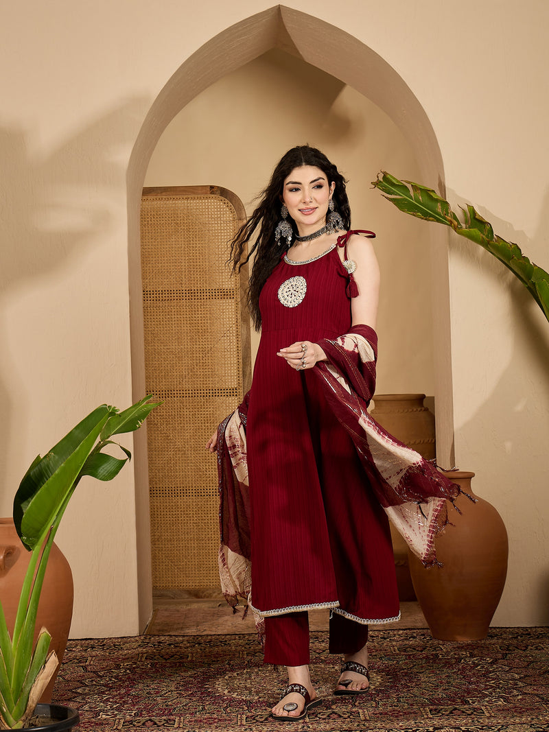 Women's Maroon Solid & Embroidered Crepe A-Line Kurta Pant Dupatta Set (KPDMAROONMILANI)