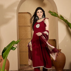 Women's Maroon Solid & Embroidered Crepe A-Line Kurta Pant Dupatta Set (KPDMAROONMILANI)