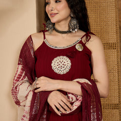 Women's Maroon Solid & Embroidered Crepe A-Line Kurta Pant Dupatta Set (KPDMAROONMILANI)