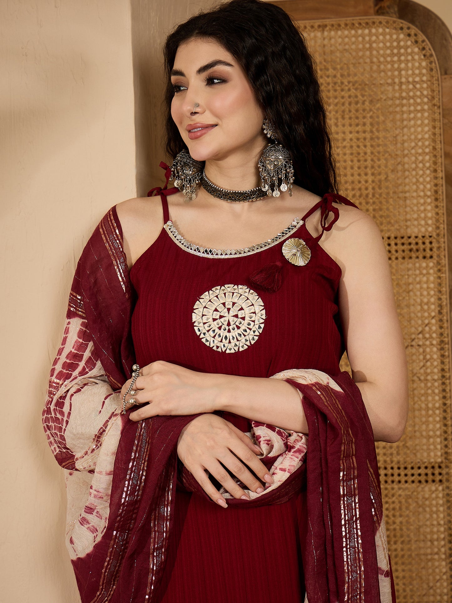 Women's Maroon Solid & Embroidered Crepe A-Line Kurta Pant Dupatta Set (KPDMAROONMILANI)