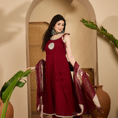 Women's Maroon Solid & Embroidered Crepe A-Line Kurta Pant Dupatta Set (KPDMAROONMILANI)
