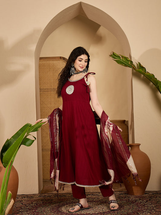 Women's Maroon Solid & Embroidered Crepe A-Line Kurta Pant Dupatta Set (KPDMAROONMILANI)