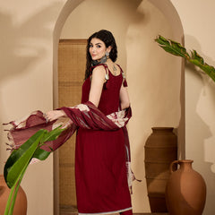 Women's Maroon Solid & Embroidered Crepe A-Line Kurta Pant Dupatta Set (KPDMAROONMILANI)