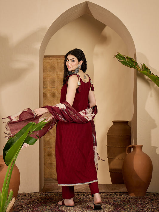 Women's Maroon Solid & Embroidered Crepe A-Line Kurta Pant Dupatta Set (KPDMAROONMILANI)
