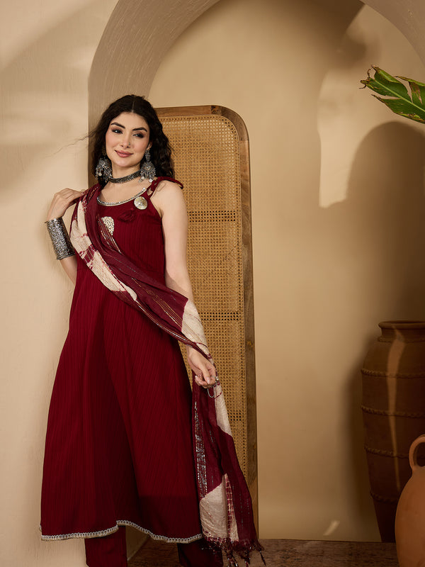 Women's Maroon Solid & Embroidered Crepe A-Line Kurta Pant Dupatta Set (KPDMAROONMILANI)
