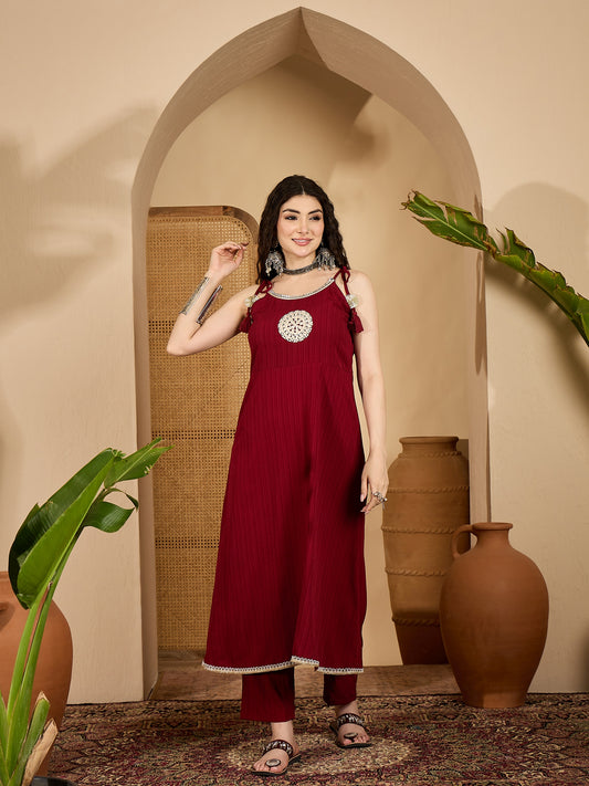 Women's Maroon Solid & Embroidered Crepe A-Line Kurta Pant Dupatta Set (KPDMAROONMILANI)