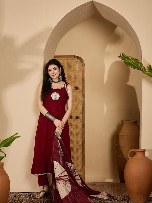 Women's Maroon Solid & Embroidered Crepe A-Line Kurta Pant Dupatta Set (KPDMAROONMILANI)