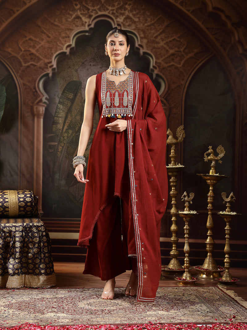 Stylum Women's Maroon Solid & Embroidered Rayon Asymmetric Kurta Palazzo With Dupatta (KPDMAROONPUJAN)