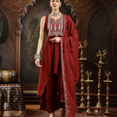 Stylum Women's Maroon Solid & Embroidered Rayon Asymmetric Kurta Palazzo With Dupatta (KPDMAROONPUJAN)