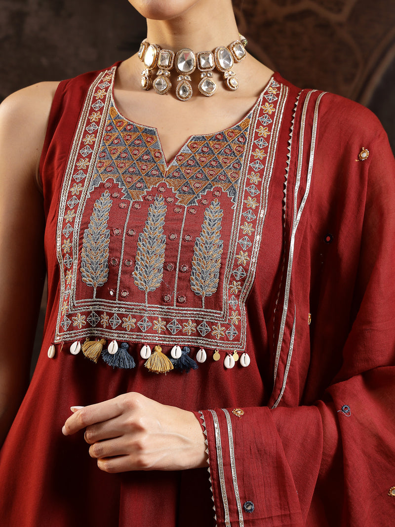 Stylum Women's Maroon Solid & Embroidered Rayon Asymmetric Kurta Palazzo With Dupatta (KPDMAROONPUJAN)