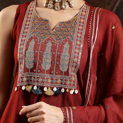 Stylum Women's Maroon Solid & Embroidered Rayon Asymmetric Kurta Palazzo With Dupatta (KPDMAROONPUJAN)