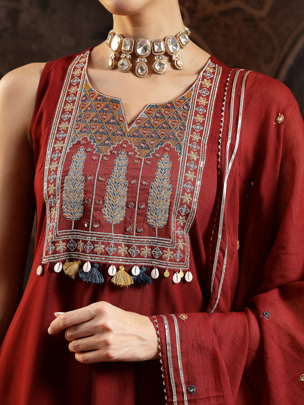 Stylum Women's Maroon Solid & Embroidered Rayon Asymmetric Kurta Palazzo With Dupatta (KPDMAROONPUJAN)