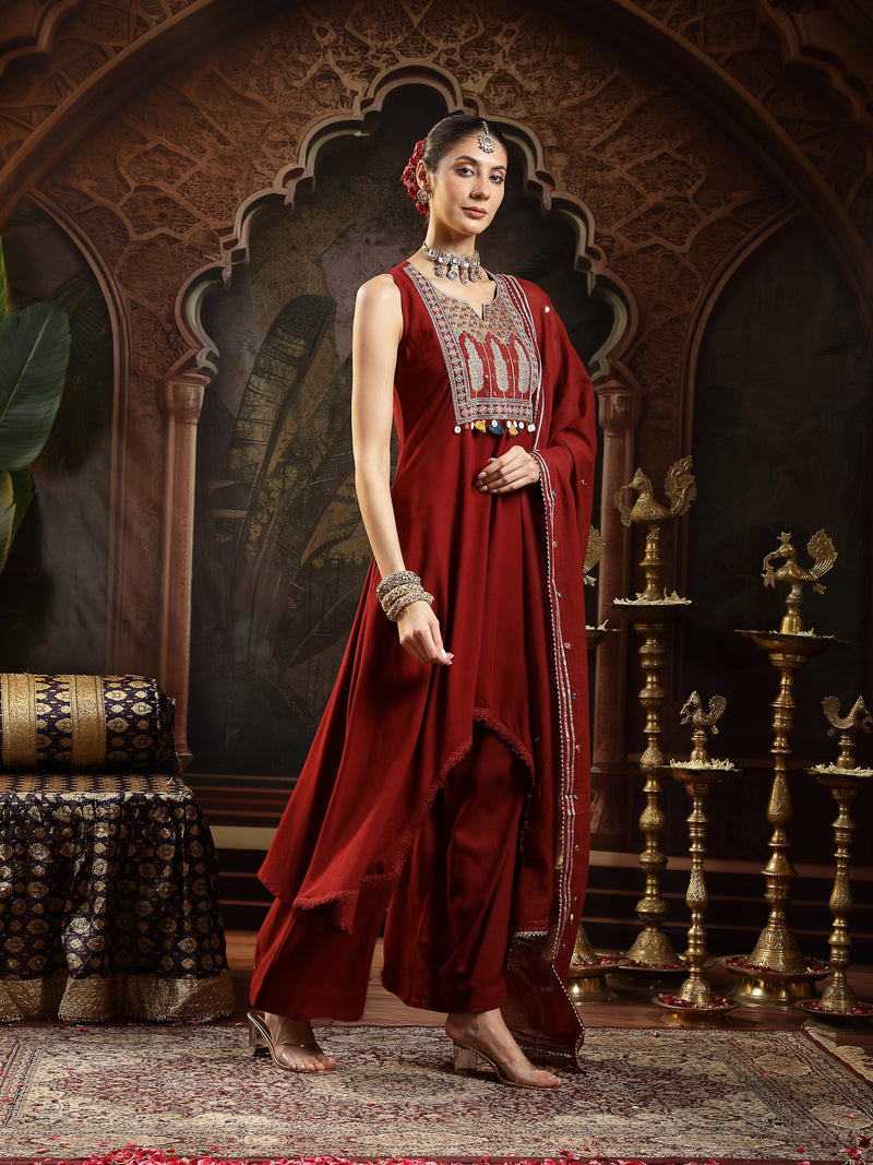 Stylum Women's Maroon Solid & Embroidered Rayon Asymmetric Kurta Palazzo With Dupatta (KPDMAROONPUJAN)