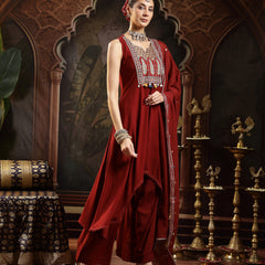 Stylum Women's Maroon Solid & Embroidered Rayon Asymmetric Kurta Palazzo With Dupatta (KPDMAROONPUJAN)