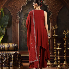 Stylum Women's Maroon Solid & Embroidered Rayon Asymmetric Kurta Palazzo With Dupatta (KPDMAROONPUJAN)