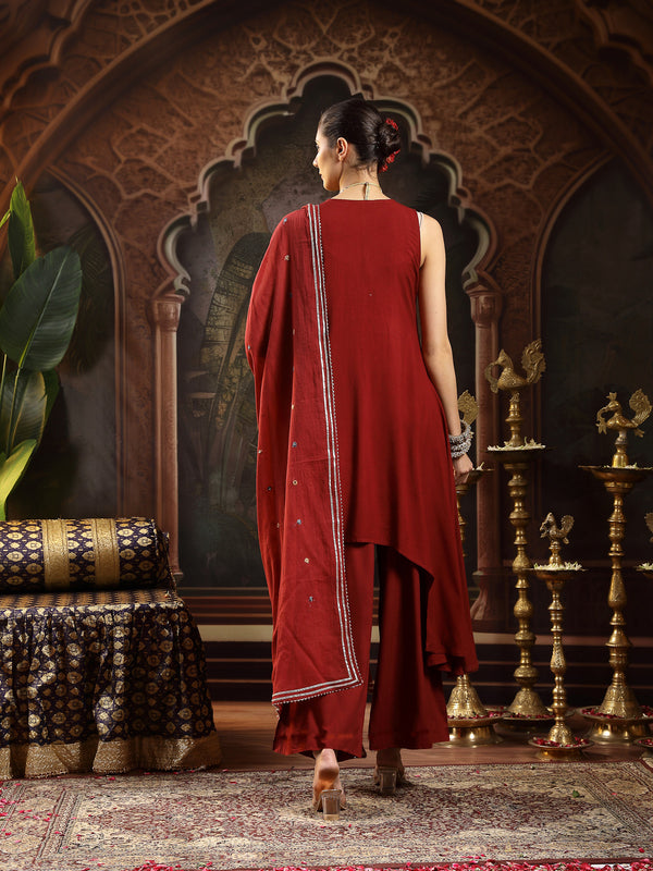 Stylum Women's Maroon Solid & Embroidered Rayon Asymmetric Kurta Palazzo With Dupatta (KPDMAROONPUJAN)