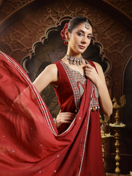 Stylum Women's Maroon Solid & Embroidered Rayon Asymmetric Kurta Palazzo With Dupatta (KPDMAROONPUJAN)