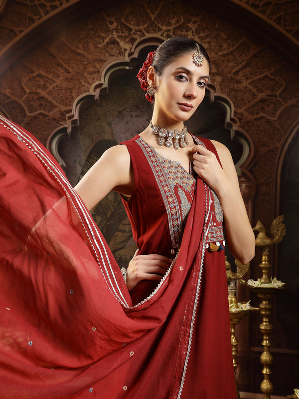 Stylum Women's Maroon Solid & Embroidered Rayon Asymmetric Kurta Palazzo With Dupatta (KPDMAROONPUJAN)