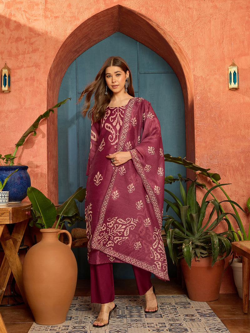 Stylum Women's Maroon Ikkat Printed Chanderi Straight Kurta Pant Dupatta Set (KPDMAROONROCHAK)