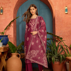 Stylum Women's Maroon Ikkat Printed Chanderi Straight Kurta Pant Dupatta Set (KPDMAROONROCHAK)