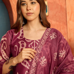 Stylum Women's Maroon Ikkat Printed Chanderi Straight Kurta Pant Dupatta Set (KPDMAROONROCHAK)