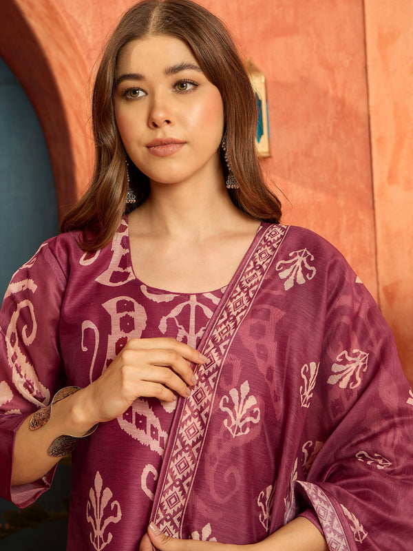 Stylum Women's Maroon Ikkat Printed Chanderi Straight Kurta Pant Dupatta Set (KPDMAROONROCHAK)