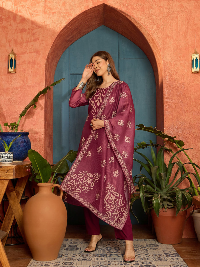 Stylum Women's Maroon Ikkat Printed Chanderi Straight Kurta Pant Dupatta Set (KPDMAROONROCHAK)