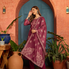 Stylum Women's Maroon Ikkat Printed Chanderi Straight Kurta Pant Dupatta Set (KPDMAROONROCHAK)