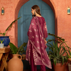 Stylum Women's Maroon Ikkat Printed Chanderi Straight Kurta Pant Dupatta Set (KPDMAROONROCHAK)