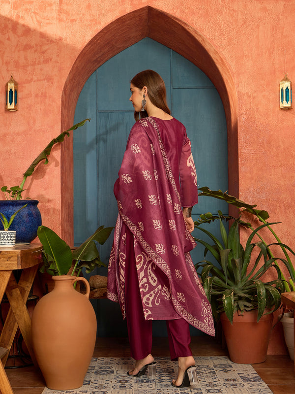 Stylum Women's Maroon Ikkat Printed Chanderi Straight Kurta Pant Dupatta Set (KPDMAROONROCHAK)
