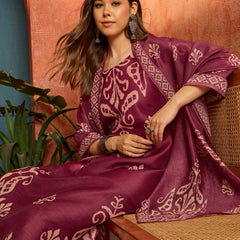 Stylum Women's Maroon Ikkat Printed Chanderi Straight Kurta Pant Dupatta Set (KPDMAROONROCHAK)