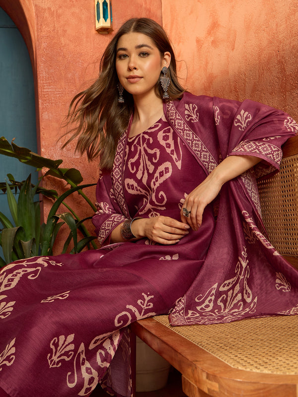 Stylum Women's Maroon Ikkat Printed Chanderi Straight Kurta Pant Dupatta Set (KPDMAROONROCHAK)