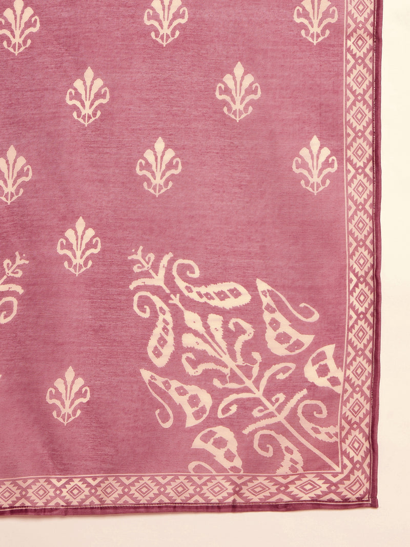 Stylum Women's Maroon Ikkat Printed Chanderi Straight Kurta Pant Dupatta Set (KPDMAROONROCHAK)
