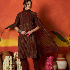 Stylum Women's Maroon Striped & Floral Printed Cotton Straight Kurta Pant Dupatta Set (KPDMAROONRUMALI)