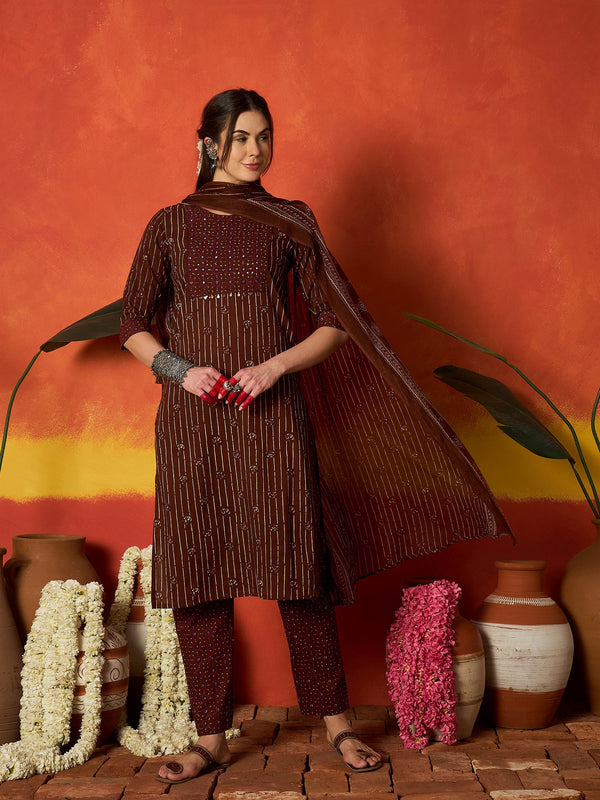 Stylum Women's Maroon Striped & Floral Printed Cotton Straight Kurta Pant Dupatta Set (KPDMAROONRUMALI)