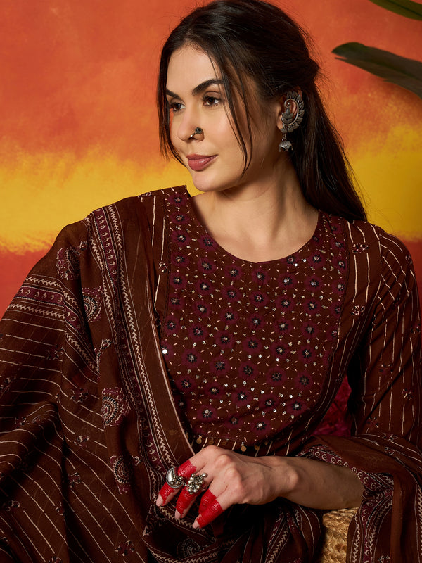Stylum Women's Maroon Striped & Floral Printed Cotton Straight Kurta Pant Dupatta Set (KPDMAROONRUMALI)