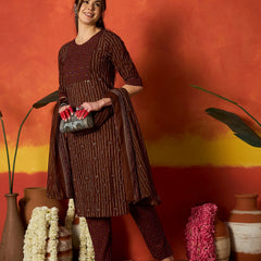 Stylum Women's Maroon Striped & Floral Printed Cotton Straight Kurta Pant Dupatta Set (KPDMAROONRUMALI)