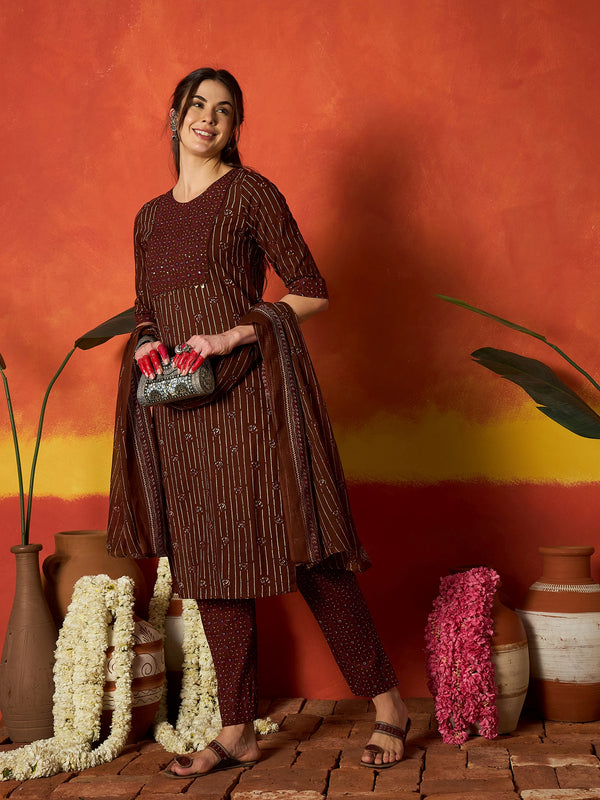 Stylum Women's Maroon Striped & Floral Printed Cotton Straight Kurta Pant Dupatta Set (KPDMAROONRUMALI)