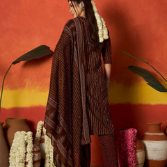 Stylum Women's Maroon Striped & Floral Printed Cotton Straight Kurta Pant Dupatta Set (KPDMAROONRUMALI)